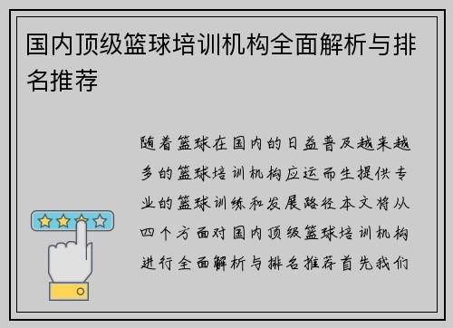 国内顶级篮球培训机构全面解析与排名推荐