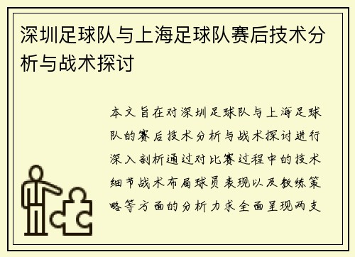 深圳足球队与上海足球队赛后技术分析与战术探讨