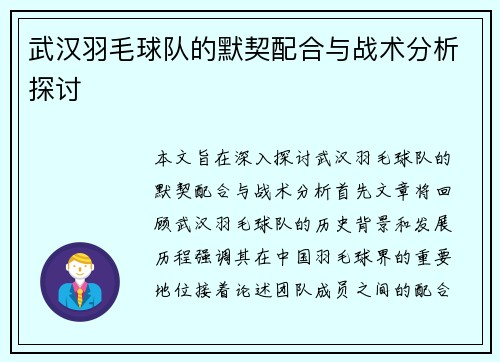 武汉羽毛球队的默契配合与战术分析探讨